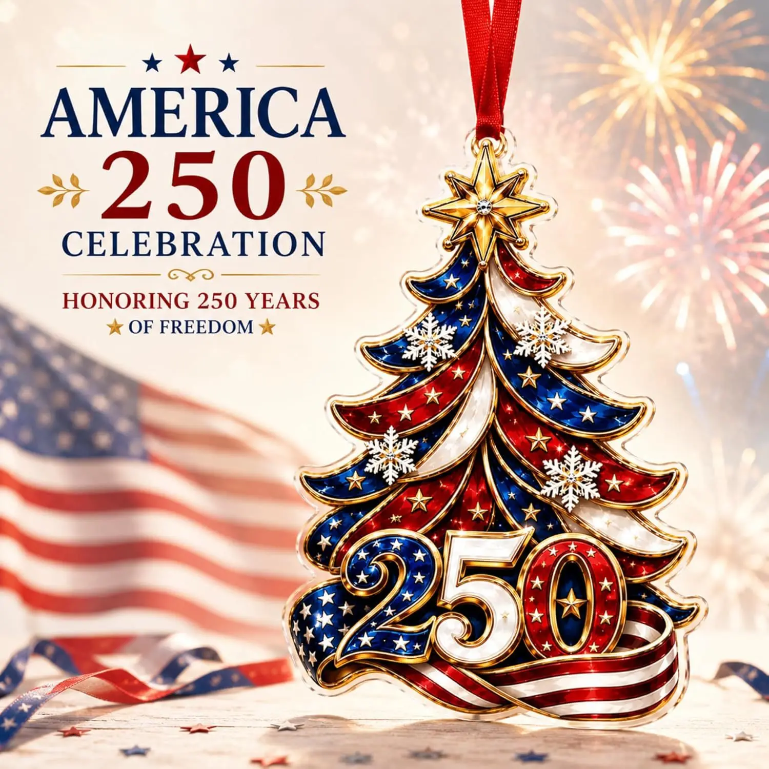 America 250 Celebration Acrylic Christmas Tree Ornament Commemorative Patriotic Flag Tree Hanging Decor Gift Set with Card Envelope Red Ribbon Patriotic Holiday Party Decorations