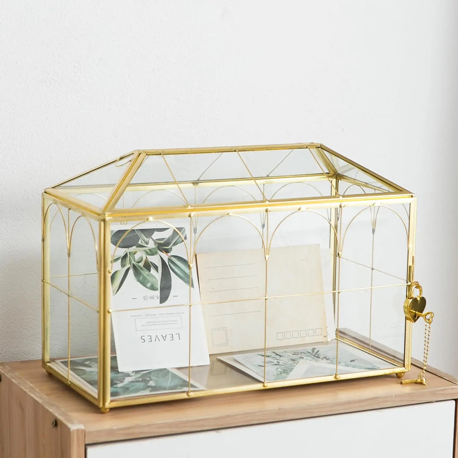 Glass Wedding Card Box with Slot, 12.5'' Large Clear Card Box  Brass  Card Storage Box with Lock  for Wedding Receptions,  Shower, Birthday Party, Bridal Shower