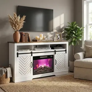 RoyalCraft L Farmhouse Fireplace TV Stand for 65+ Inch TV, Entertainment Center with 23" Electric Fireplace with Remote, 34" Tall Modern Rustic TV Console with Sliding Bar Door for Living Room, Black