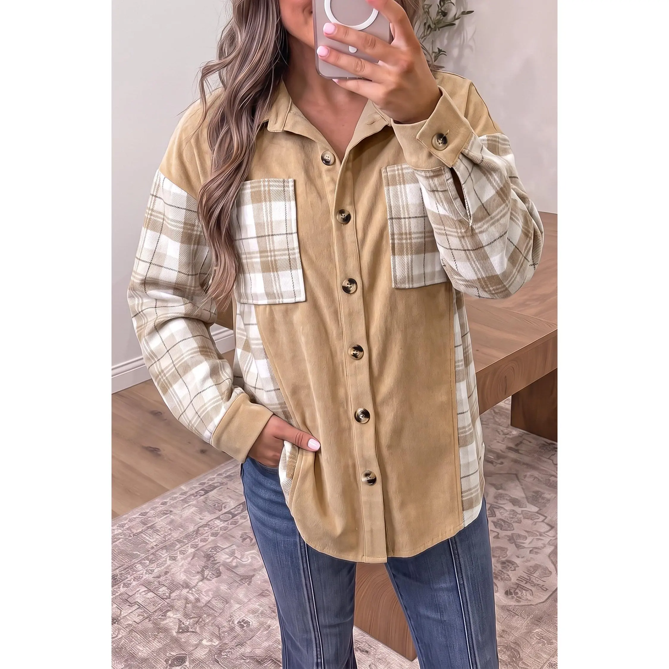 Light Beige Plaid Colorblock Shacket