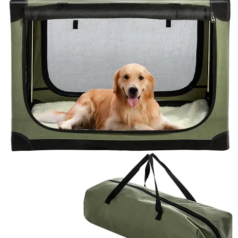 Collapsible Fabric Dog Crate Animal Carrier - 4 Foldable Doors, Zipper Design, Chew-Safe Mesh, Easy Transport for 60lb Medium-Large Pets, Durable, Quick Fold & Go, Carrier Bag, Green/Black/Grey