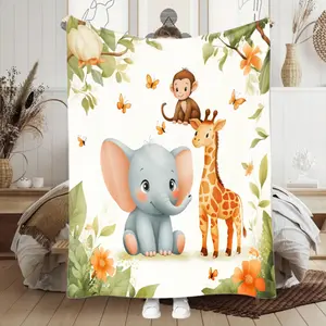 Safari Animal Baby Bedspread-Elephant, Little Lion and Giraffe Print Soft Flannel Blanket, Soft Jungle Theme Room Decoration, Four Seasons Portable Bedspread, Nursery Rhyme Gift, Cover Blanket, Christmas Blanket, Neutral Blanket, Embrace Soft Blankets