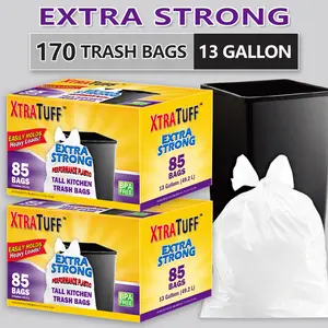 170 Count Xtratuff 13 Gallon Kitchen Trash Bags with Flap Ties - Heavy Duty Garbage Bags for Home Office Bathroom - White