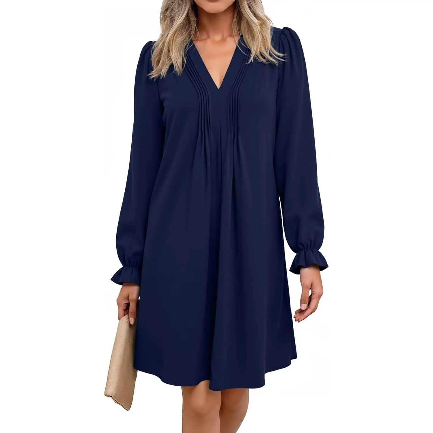 Dokotoo Womens Casual Dress A-Line Ruffle Sleeve V Neck Midi Dress 2025 Fashion Pleated Flowy Sundress Loose Shirt Dresses
