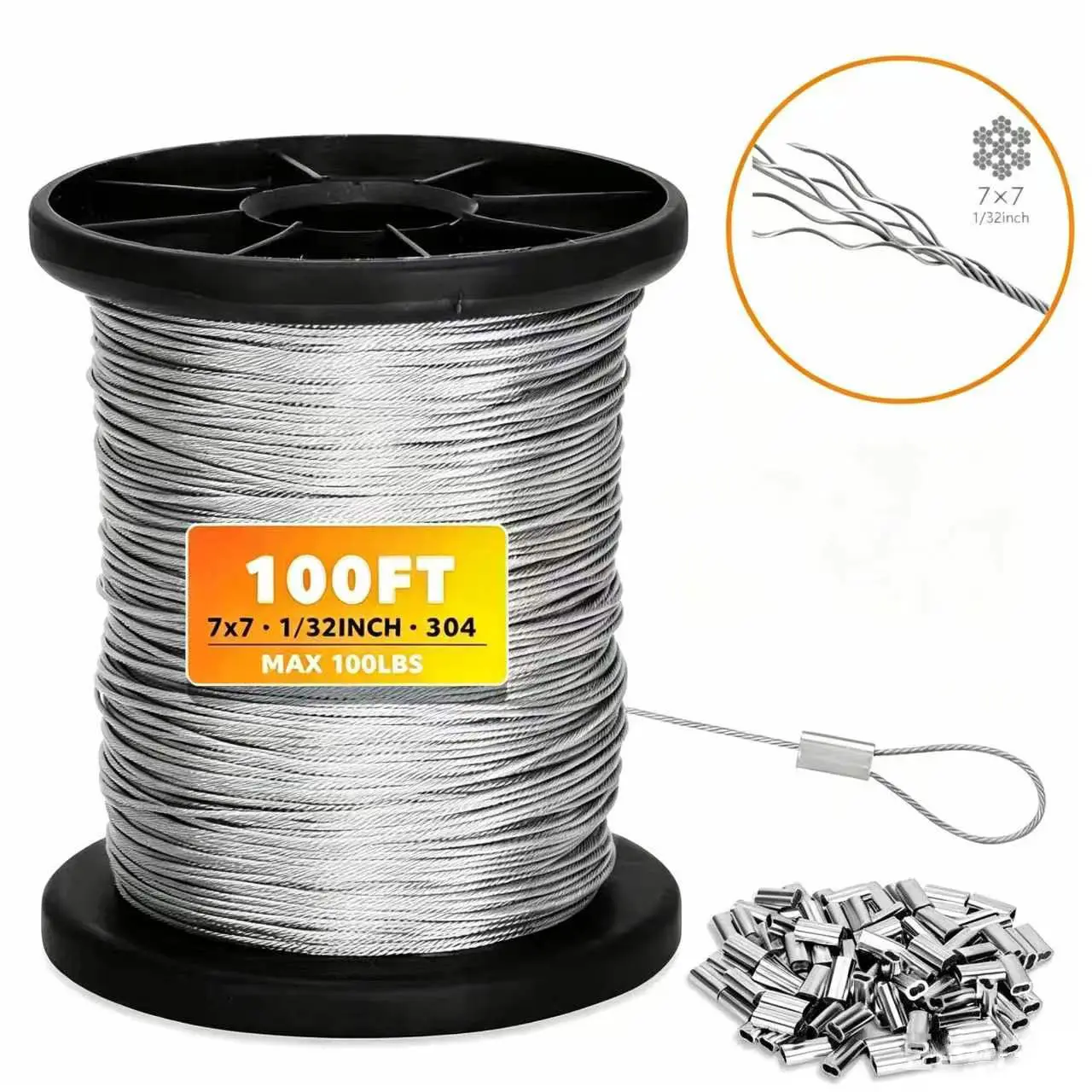 100ft Wire Rope Crimping Tool Kit - 304 Stainless Steel 1/32" Cable with Aluminum Crimp Sleeves, Stainless Steel Thimbles for Deck Railing, Balustrade