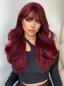 24 Inch Burgundy Long Curly Wigs, Wavy Synthetic Material Wigs with Bangs, Gorgeous Fluffy Wigs for Women, Heat Resistant Synthetic Full Machine Wigs for Party, Daily Use