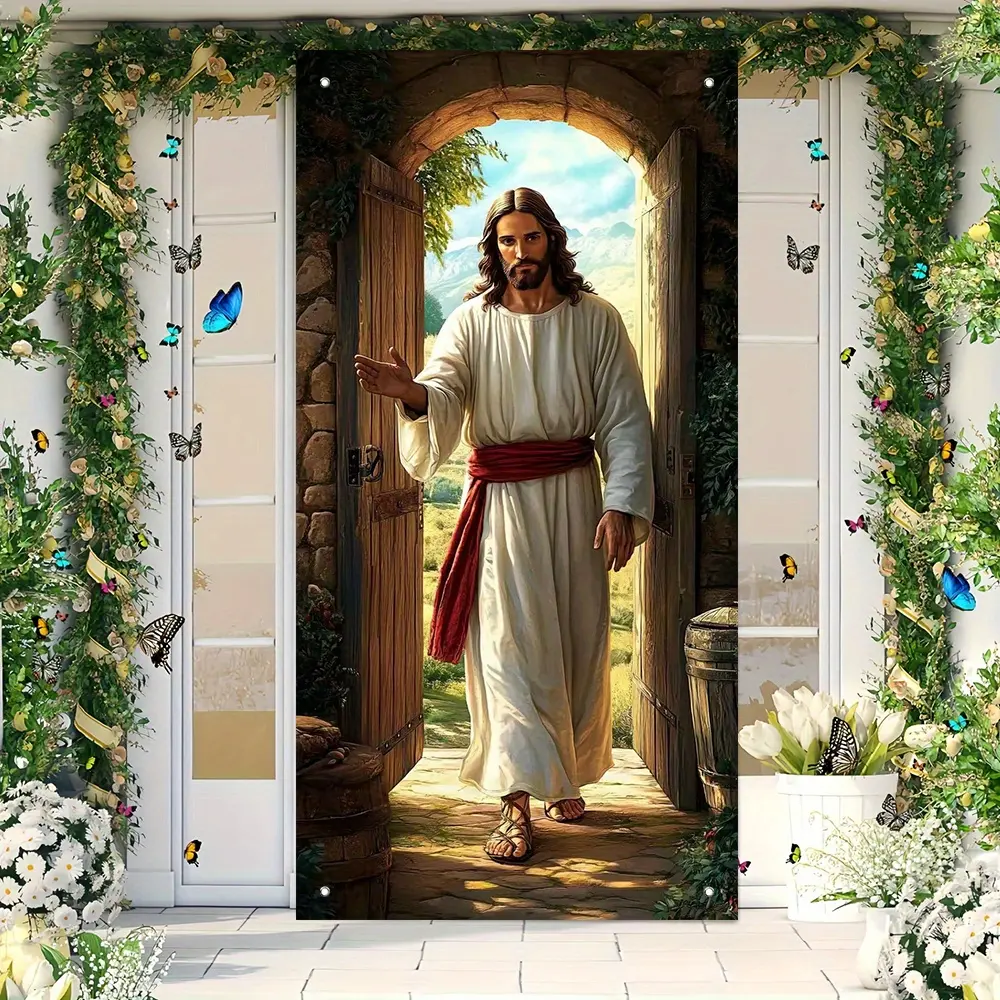 2D Flat Banner Door 1pc, Religious Door Banners Jesus in Traditional Robe Opening Design, Durable Polyester Hanging Decorations, Religious Home Decor