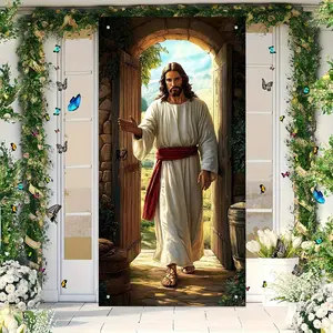 2D Flat Banner Door 1pc, Religious Door Banners Jesus in Traditional Robe Opening Design, Durable Polyester Hanging Decorations, Religious Home Decor