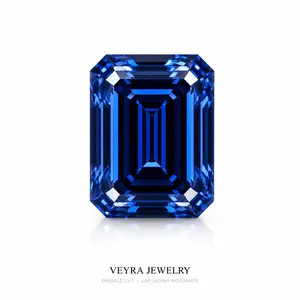 VEYRA 2ct Emerald Cut Royal bule Color VVS1 Hand-Cut Moissanite GRA Certified Custom Setting Available for Ring, Necklace & Earring