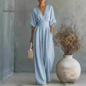 2026 Spring Summer Women's Elegant V-Neck Waisted Jumpsuit