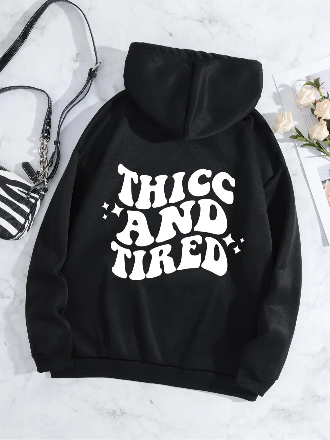 Women's Spring Cartoon Letter Print Pocket Drawstring Hoodie, Fashion Casual Drop Shoulder Long Sleeve Hooded Sweatshirt for Daily Outdoor Wear, Women