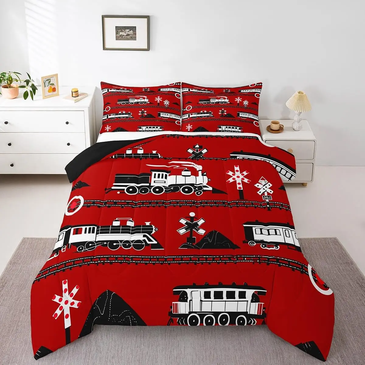 Feelyou Railway Motif Comforter Set - Comfy Bedding Set with Breathable Soft Polyester Fibers, Cartoon Tracks, Vintage Steam Engine Decor, Multi-Size Quilt, Travel-Friendly Blanket
