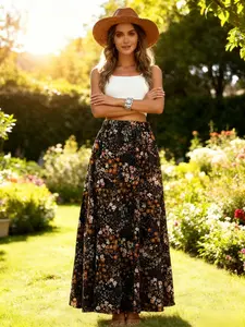 A women's black floral long dress, suitable for commuting to work, shopping, outdoor activities, indoor and outdoor dressing Skirts