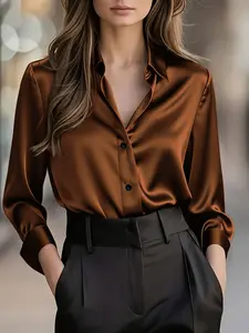 Women's Plus Size Smooth Satin Blouse, Business Casual Collared Button Shirt, Elegant Chic Office & Living Room Top, Fitted Long Sleeve, Business Work Tops