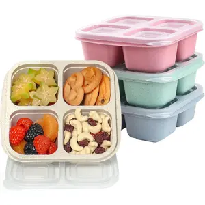 4 Pack Divided Bento Snack Boxes - 4 Compartments Reusable Meal Prep Lunch Containers for Kids Adults, BPA-Free Food Storage Containers for School Work Travel