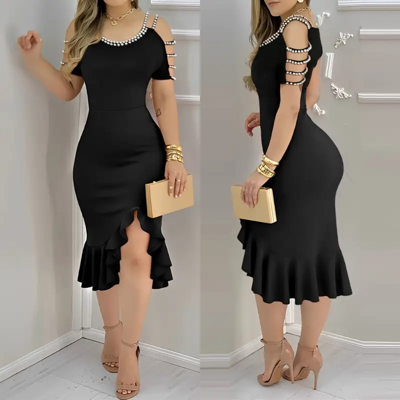 ChicMe Women's Cold Shoulder Pearls Strap Bodycon Dress Cowl Neck Ruffle Hem Cocktail Evening Party Dresses