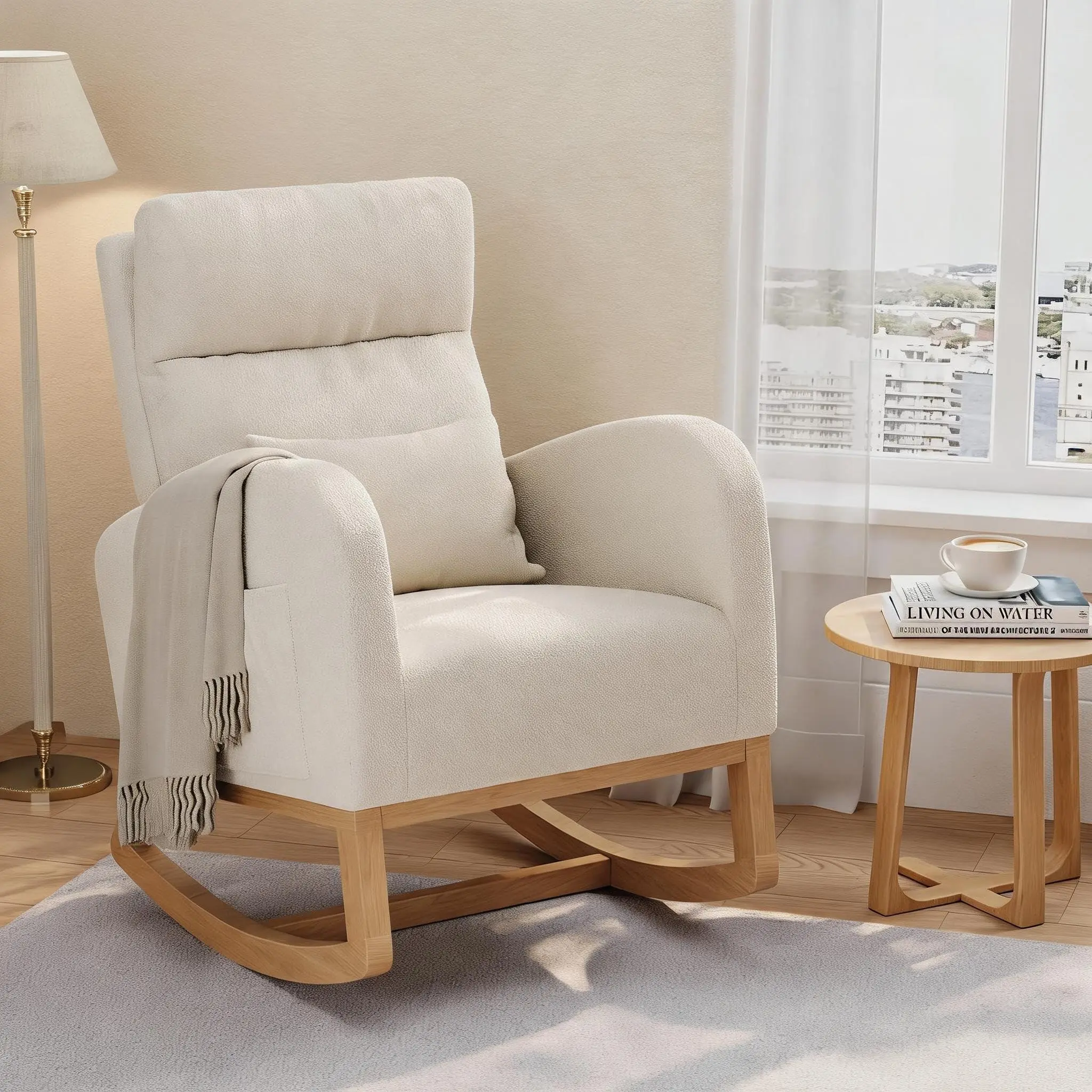 GAOMON Nursery Rocking Chair, Glider Chair with Footrest, White | Modern Fleece Upholstered Rocking Chair with Side Pocket and Pillow, Rocker Chair for Bedroom Living Room Nursing Room