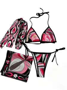 Women’s Luxury Floral Silk Bikini Set – Soft, Smooth Swimwear with Scarf & Headband – Adjustable Fit for Summer Beach, Poolside & Hot Springs