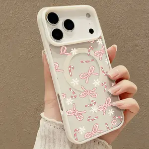 Christmas Striped Candy Cane Bow Magnetic iPhone Case for 17 16 15 14 Pro Max Shockproof Non Slip Protection Transparent Acrylic Cherry Blossom Cute Cellphone Casing Screen Protector Black Silicone tpu Cat Phone Case Stylish Soft Protective