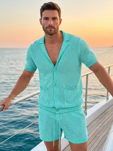 Men's Mesh Crochet Resort Set, Ultra-Lightweight Breathable Tee Shirt & Lined Shorts, Loose-Fit Summer Beachwear, High-Stretch Vacation Suit