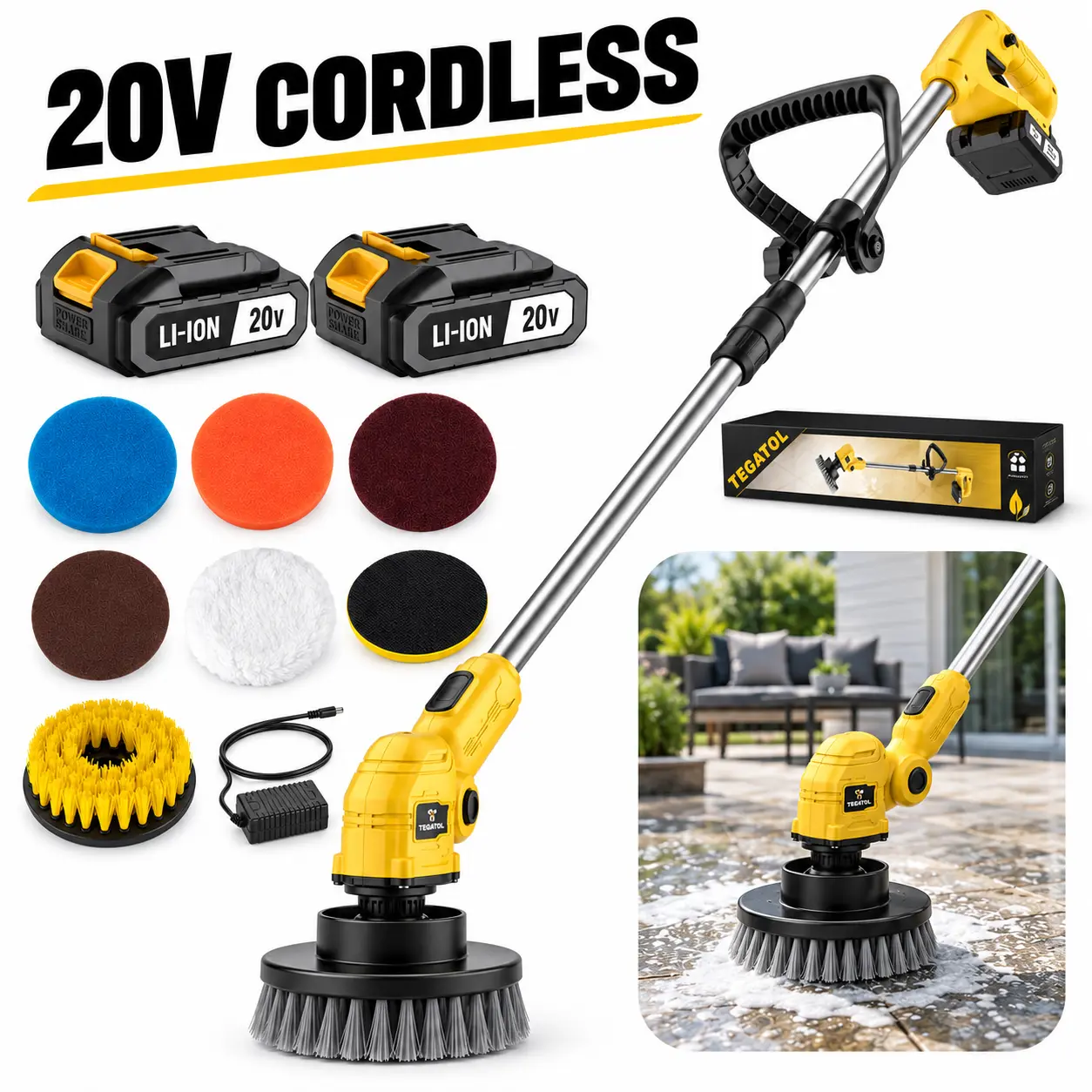 20V Cordless Electric Spin Scrubber with Long Handle, Power Cleaning Brush with Multiple Brush Heads & Polishing Pads for Bathroom, Shower, Tile, Tub, Floor, Patio & Car Cleaning