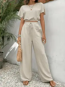 Women's Solid Color Fitted Top & Wide Leg Pants Two-piece Set, Casual Round Neck Top & Drawstring Waist Trousers for Summer, Ladies Clothes for Daily Wear, Womenswear