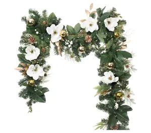 Village Lighting 9' Pre-Lit LED Garland - WhiteGold Magnolia