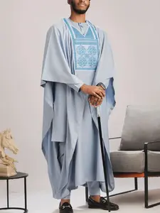 Embroidered Agbada 3 Pieces Set For Men, Long Embroidered Robe And Dashiki Shirt & Elastic Waist Pants, Traditional African Attire For Ceremonies, Wedding, Cultural Celebrations, Festivals, Elegant African Fashion For Men, Royal & Elegant Style