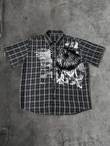 Vintage Hardcore Graphic Plaid Shirt, Punk Streetwear for Z Gen Boys, 2000s Retro Alternative Fashion, Summer Casual Top, Gothic Print