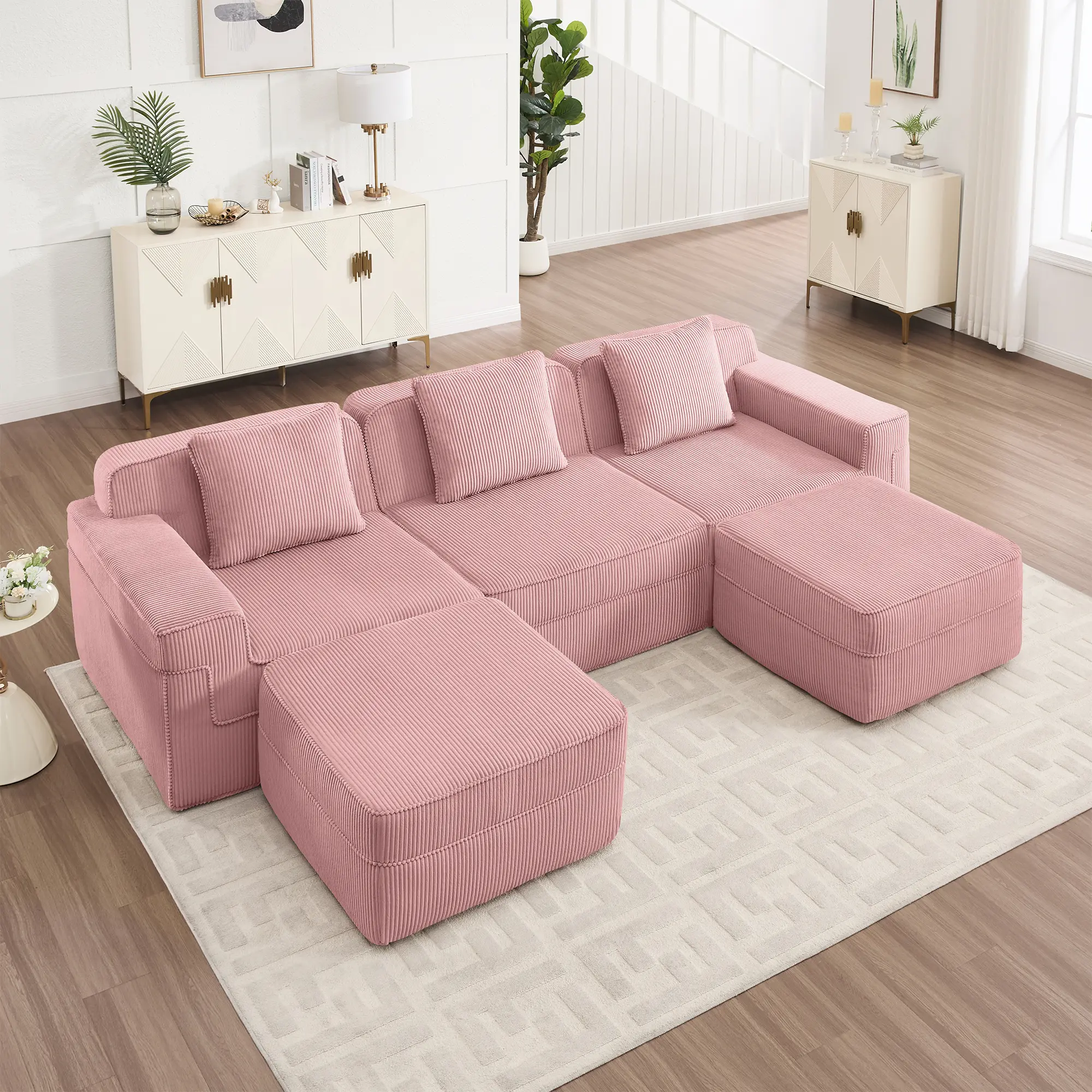 Eyisean Modern Corduroy Sectional Boneless Couch - 3-Seater L/U-Shape Cloud Sofa with Movable Ottoman, No Assembly Required, High-Resilience Foam, Cozy Fluffy Sleeper for Living Room, Modern Corduroy Couch