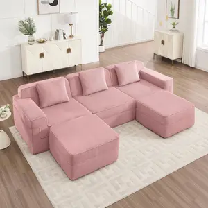 Eyisean Corduroy Sectional Boneless Couch with Movable Ottoman, No Assembly Required, L Shape/U Shape 3-Seater Cloud Couches, High-Resilience Foam, Cozy Fluffy Sleeper Sofa for Living Room