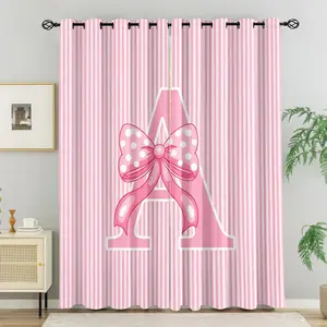 2 Panels Pink Striped Polka Dot Bow Curtains, Custom Monogram Initial A-Z Print Curtains, Sweet Coquette Girly Darkening Curtains, Room Decoration Curtains with Grommet Top, For Girls Kids Teens Bedroom Living Room Decor