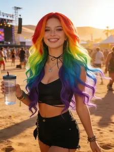 Dopamine Rainbow Long Curly Wig, High Temperature Silk Sun Resistant Frizz Control, Wolf Tail Layers Design, Perfect for Music Festivals Y2K K-Pop Cosplay