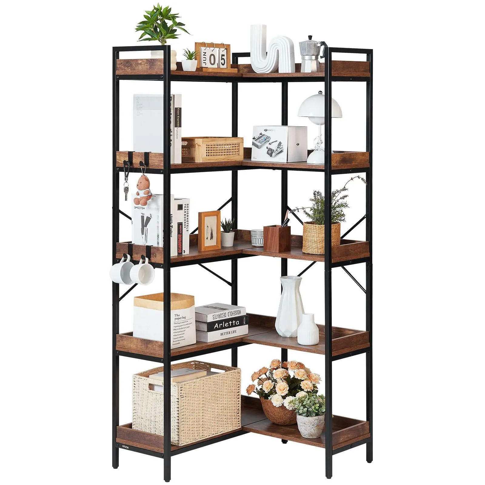 【SummerFinds】VEVOR 5 Tier Corner Bookshelf with 4 Hooks, 65.4" Tall Corner Bookcase with Heavy Duty Metal Frame & Wooden Shelves, Industrial L Shaped Corner Display Shelf for Bedroom, Living Room, Office
