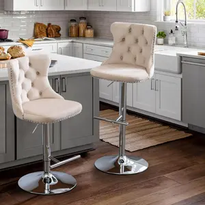 Velvet Bar Stool Set of 2, Adjustable Swivel Bar Stools with Silver Plated Metal Leg, Button Tufted, Footrest, Chrome Nailhead, Counter Height Chair for Kitchen, Bar, Dining Room