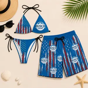 Busch Light American Flag Matching Couple Swimwear Set – Stars and Stripes Bikini & Patriotic Mesh Shorts Beach Outfit, Women's Triangle String Bikini & Men's Quick Dry Beach Shorts Patriotic Summer Swimsuit