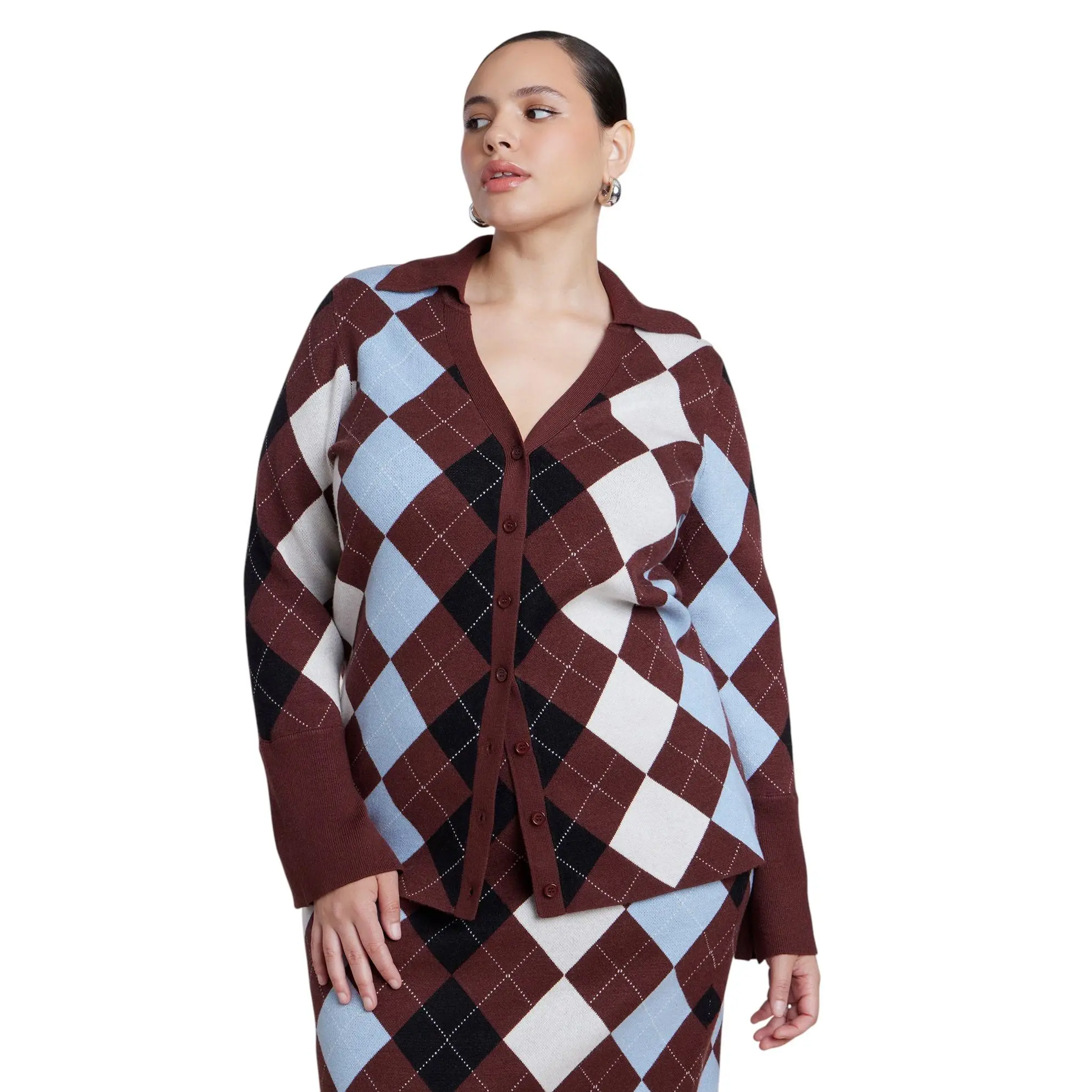 ELOQUII Women's Plus Size Argyle Intarsia Collared Cardigan