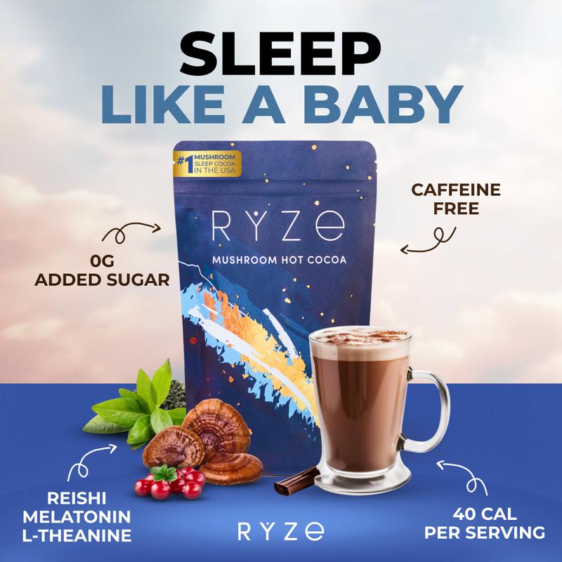 RYZE Mushroom Hot Cocoa Melatonin Sleep Supplement, Keto Cocoa Powder With Reishi Mushroom, Melatonin, Glycine, Cacao, L-Theanine, Chicory to Help Fall Asleep and Stay Asleep, 20 servings