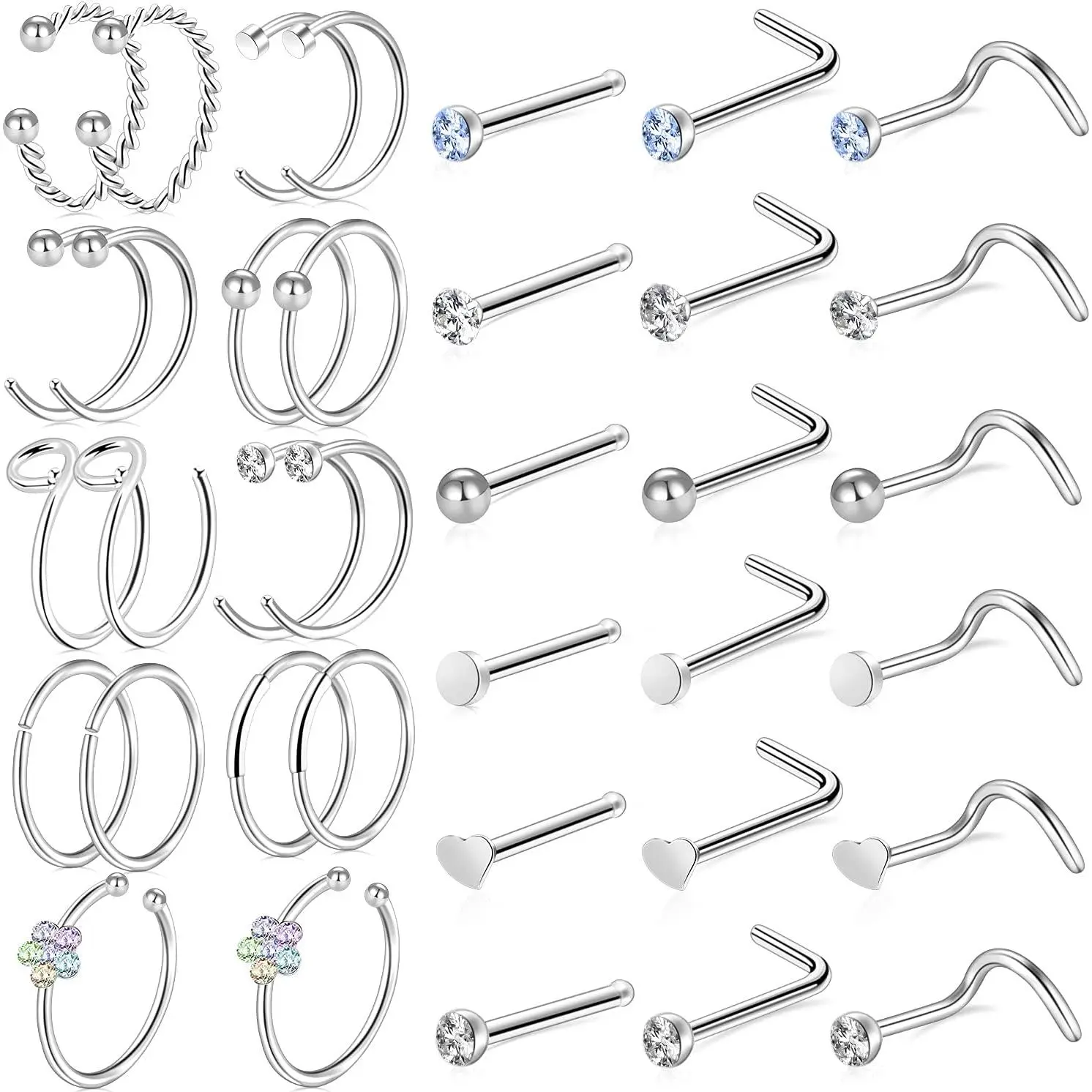9-40 Nose Rings - Hoops, Studs & L Shape - Hypoallergenic Stainless Steel Nose Piercings for Women & Men