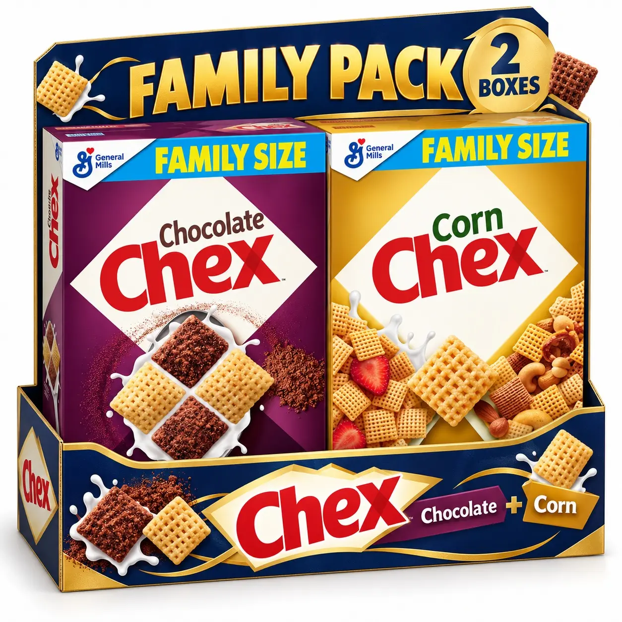 Cereal Variety Family Pack – Chocolate & Corn, 2 Family Size Boxes, Breakfast Cereal & Snack Mix Bundle 38 oz Pack