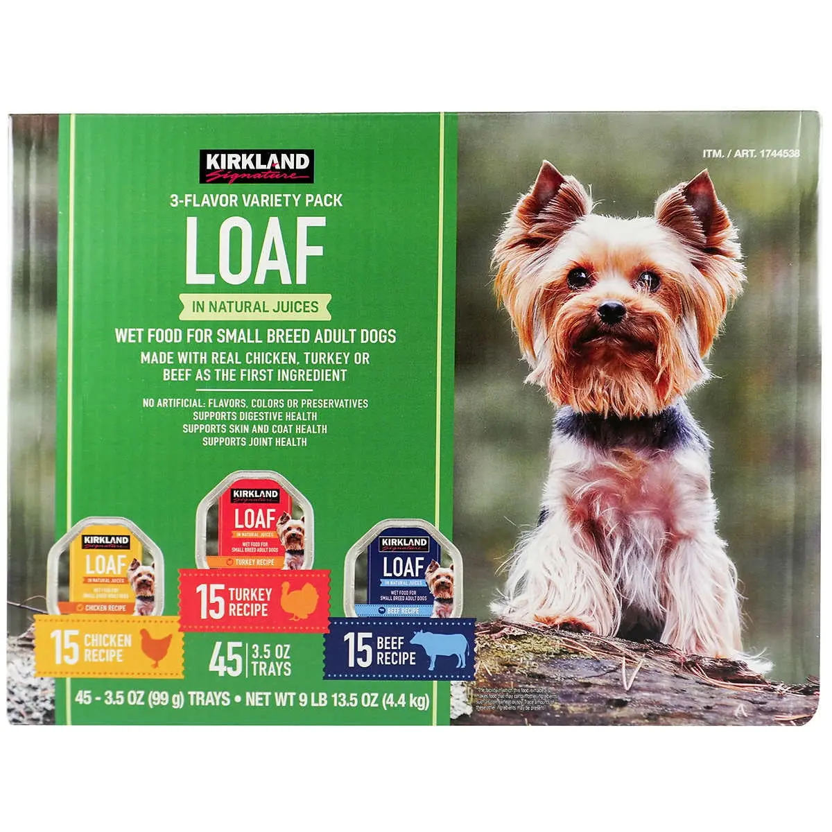 Kirkland Signature Wet Dog Food Variety Pack, 45 Trays (3.5 oz Each) – Chicken, Turkey & Beef Recipes, Real Meat First, Adult Small Breed Dog Food