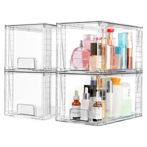 4 Pack Stackable Storage Drawers,Clear Acrylic Drawer Organizers with Handles, Easily Assemble for Bathroom,Kitchen