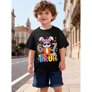 67 Bruh Easter Day Six Seven Rabbit Bunny Face Easter Eggs Funny Awesome Graphic Kids' Quick Dry Moisture-Wicking T-Shirt, Breathable Lightweight Athletic Tee for Boys Outdoor Sports