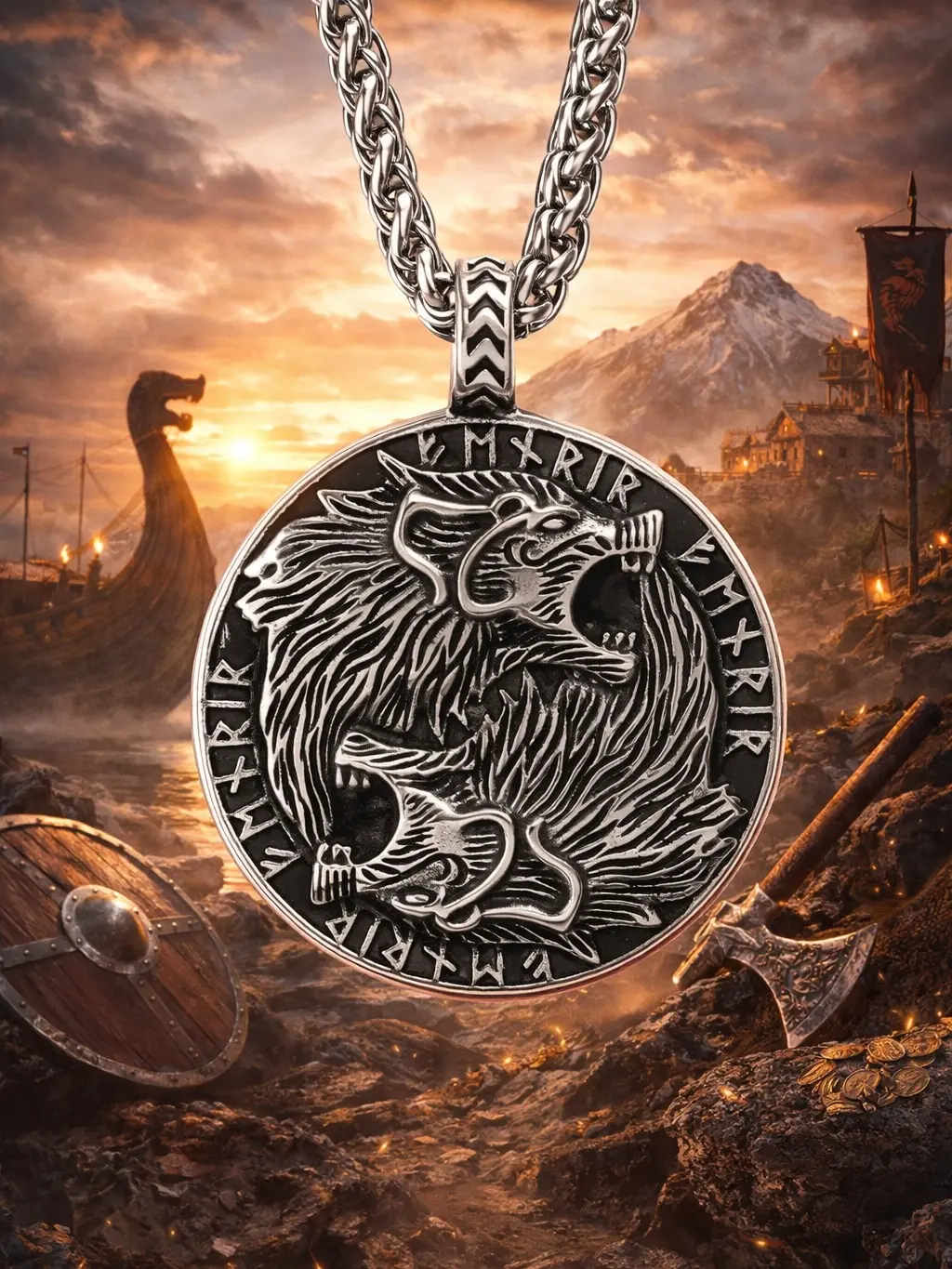 The Armored Kingdom Men's Viking Fenrir Wolf Necklace, Stainless Steel Nordic Amulet Pendant with Runic Circle Engraving, High Contrast Polished-Darkened Finish, Link Chain, Symbol of Strength, Daily Wear Accessory for Viking Enthusiasts