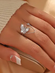Luxurious Butterfly Open Ring with Full Sparkling Diamonds, Elegant High-End Jewelry for Women, Adjustable Rings, Perfect Gift Idea