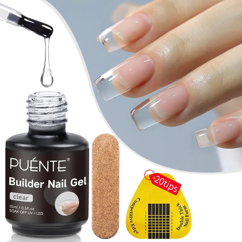 PUENTE 15ML Clear Builder Nail Gel With Nail Form & File For Extension, Alcohol-Free Extension Nail Gel For Apex Building, Self-Leveling, Nail Reinforcement, Fills Gaps & Seals Unevenness, LED Lamp Cured, Long-Lasting, For Home Nail Salon Manicure