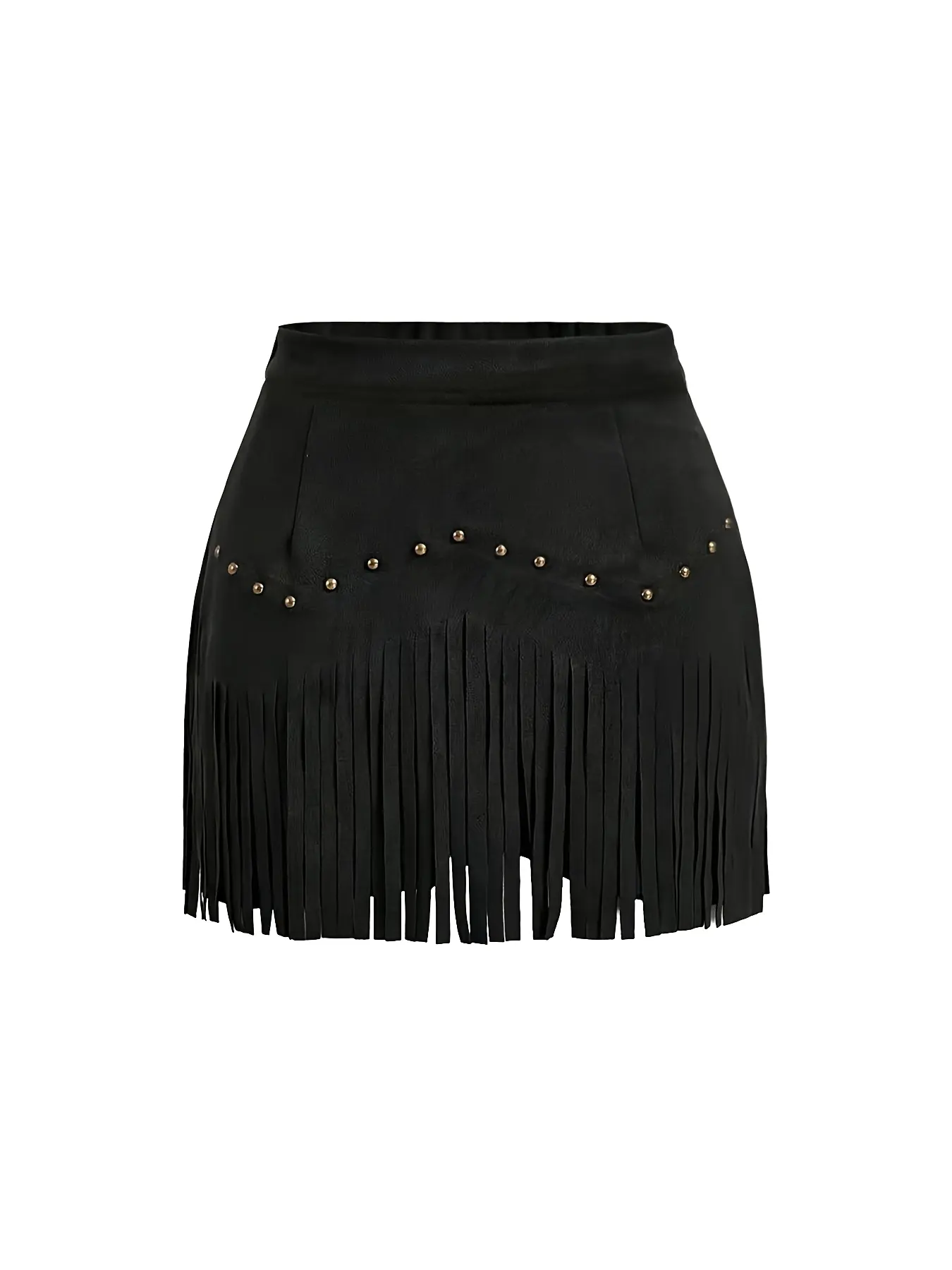 Women's Vintage Rivet Fringe Trim Skirt, Anti-Slip Lining, Elegant High Waist Dress for Spring & Fall Fashion, Black Solid Skirt