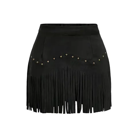 Women's Vintage Rivet Fringe Trim Skirt, Anti-Slip Lining, Elegant High Waist Dress for Spring & Fall Fashion, Black Solid Drop Waist Skirt
