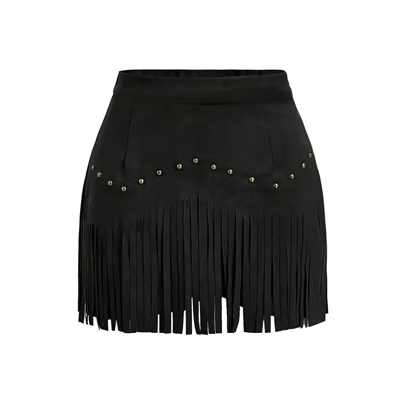 Women's Vintage Rivet Fringe Trim Skirt, Anti-Slip Lining, Elegant High Waist Dress for Spring & Fall Fashion, Black Solid Drop Waist Skirt