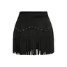 Women's Vintage Rivet Fringe Trim Skirt, Anti-Slip Lining, Elegant High Waist Dress for Spring & Fall Fashion, Black Solid Drop Waist Skirt